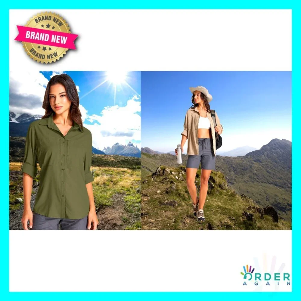 Long Sleeve Button Down Shirt UPF 50 Quick Dry Lightweight Safari Hiking Travel